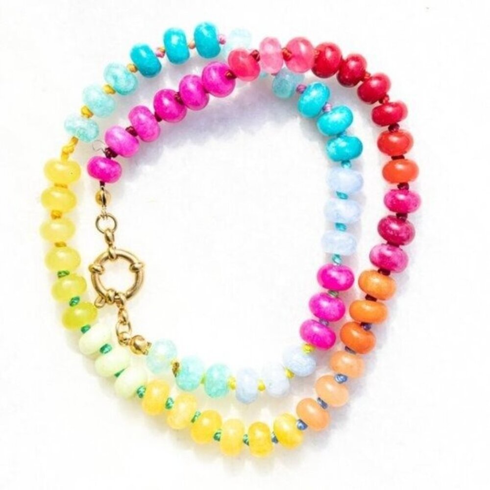 Rainbow Crystal Beaded Necklace 18K Gold Toggle Waterproof Boho Layering Jewelry - Picture 14 of 16